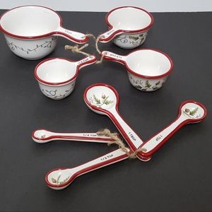 Pottery Barn Forest Gnome Christmas Measuring Cups & Spoons Set Ceramic NEW
